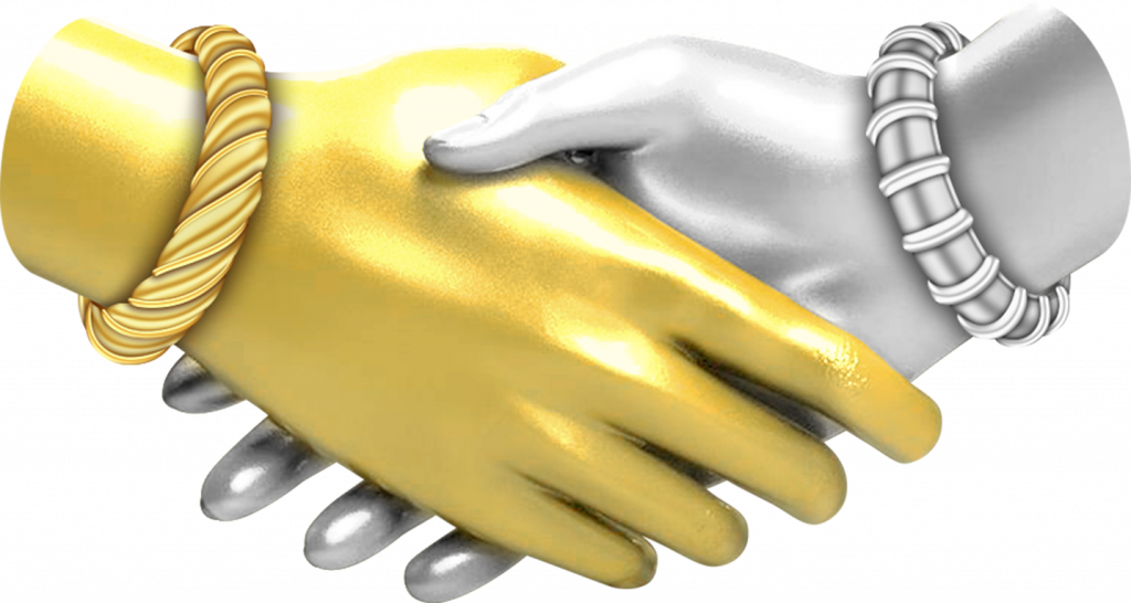 Silver and Gold Harmony hands shaking.